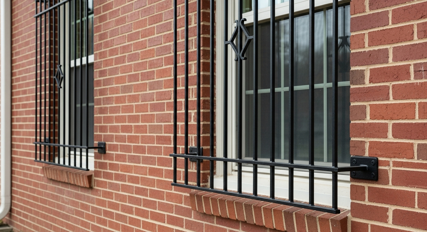 Heavy-gauge steel window bars on Dallas brick home