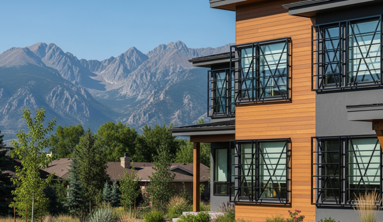 Modern two‑story house with orange wood siding and black-framed windows, mountain range in the distance.
