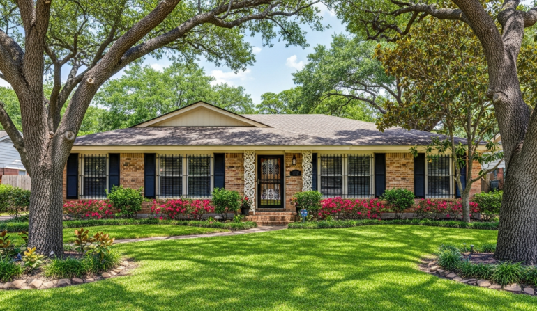 Front view of a brick ranch-style house with dark shutters, a central door, and a manicured lawn lined with flowering bushes.