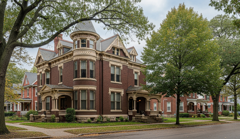 Window security bars on Indianapolis Victorian home with mature trees