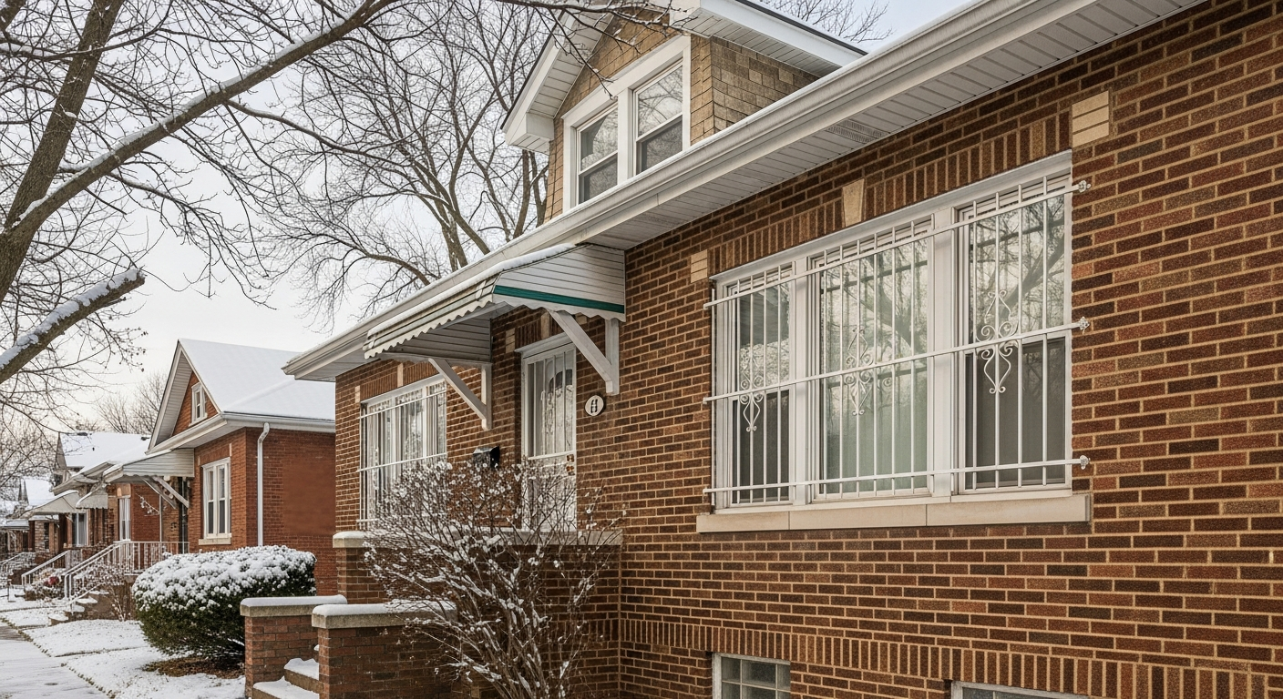 Sturdy window bars on Indianapolis brick bungalow