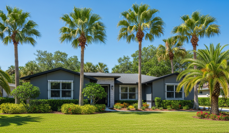 Window security bars on Jacksonville Florida suburban home with palms