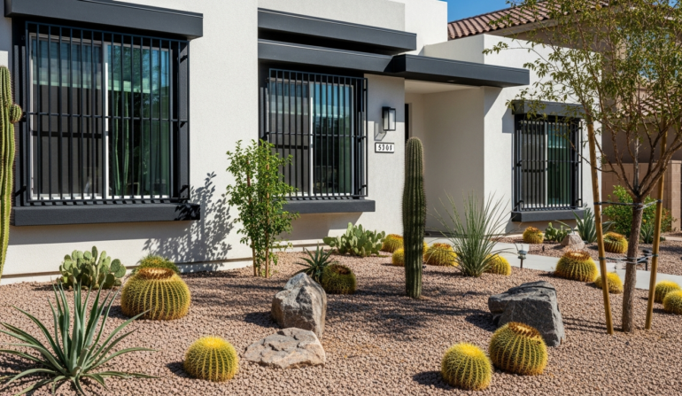 Window security bars on Las Vegas suburban home with desert landscaping
