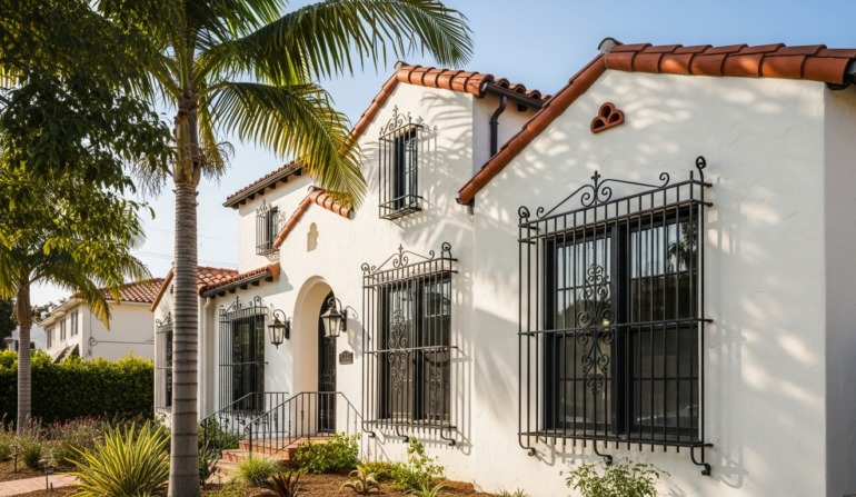 Window security bars on Spanish colonial home in Los Angeles