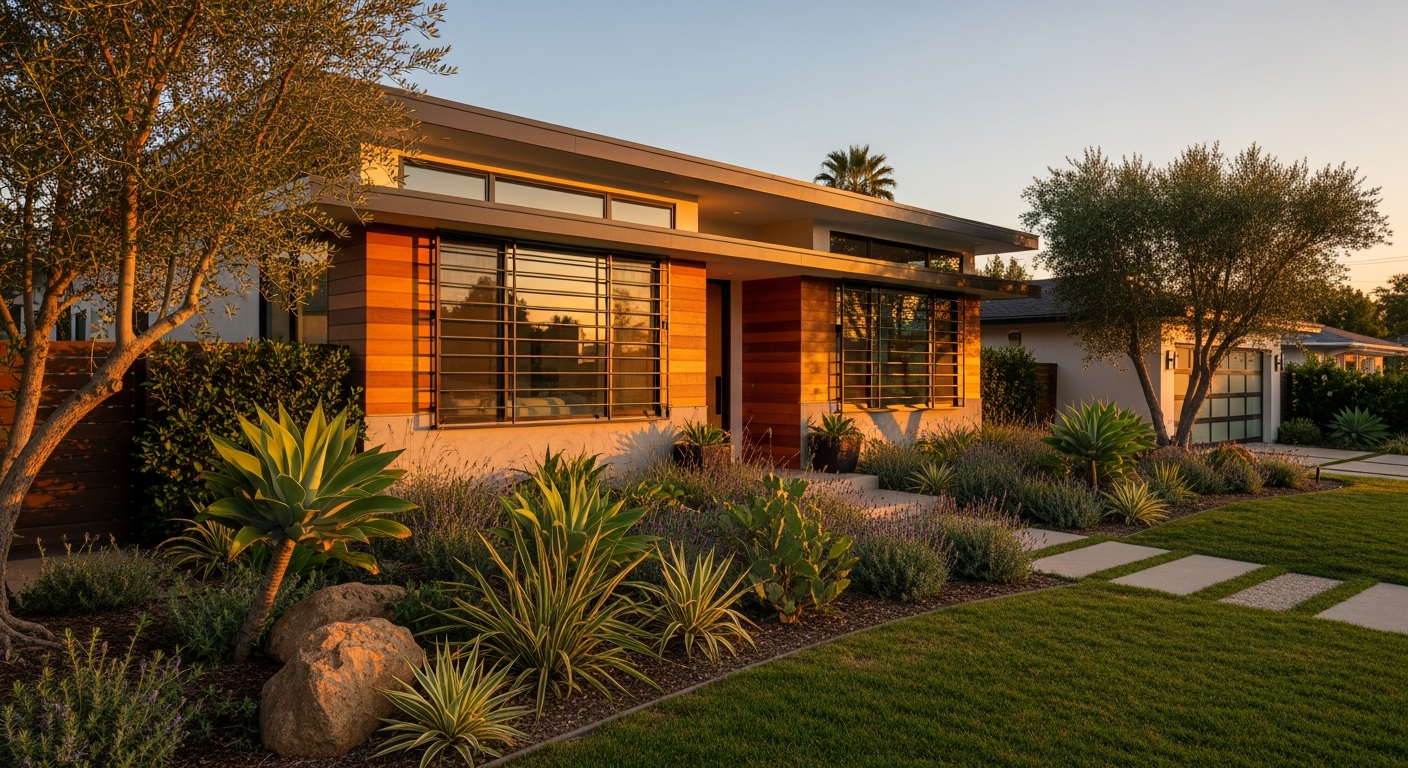 Slim steel window bars on LA bungalow with California landscaping