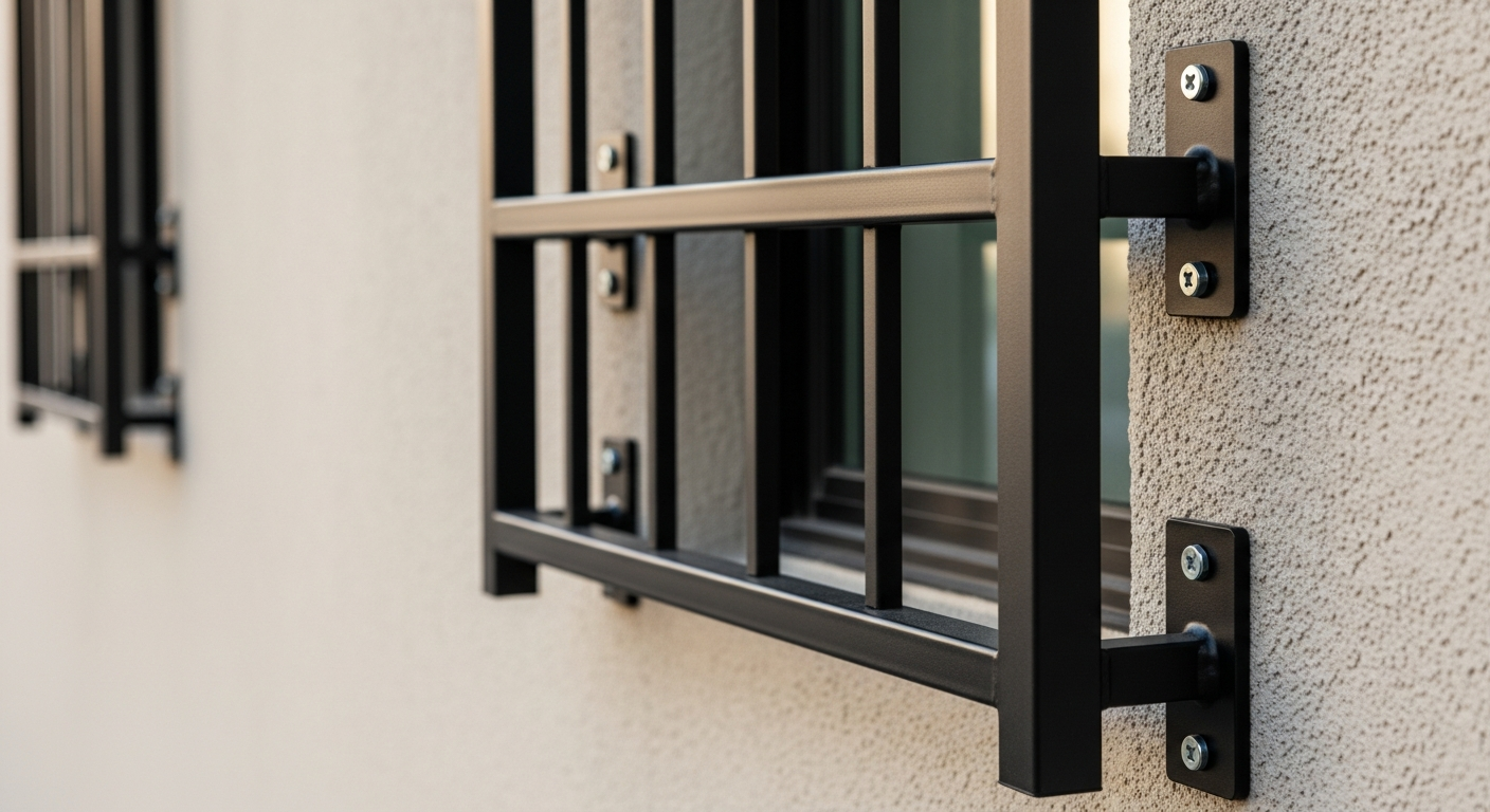 Close-up of window bars on stucco exterior in Los Angeles