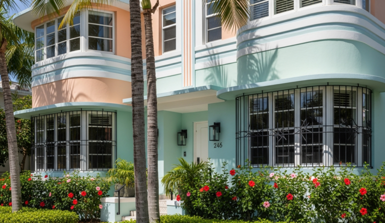 Elegant window security bars on Miami Art Deco home with tropical plants
