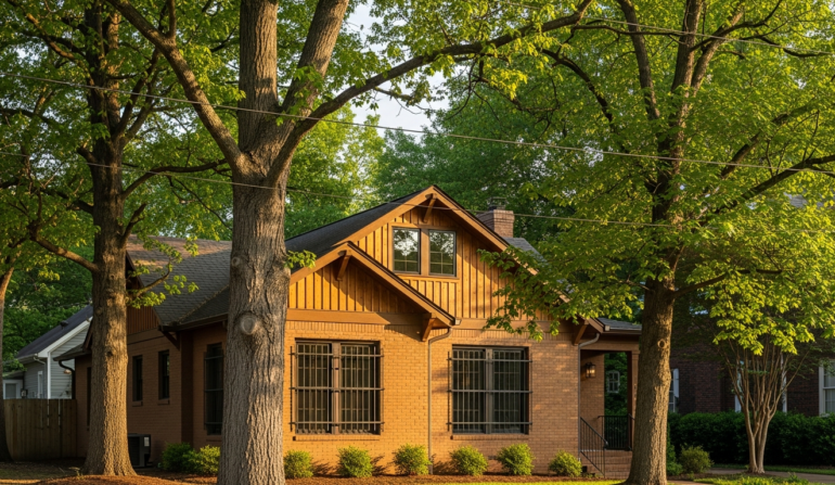 Window security bars on Nashville craftsman home with Southern trees