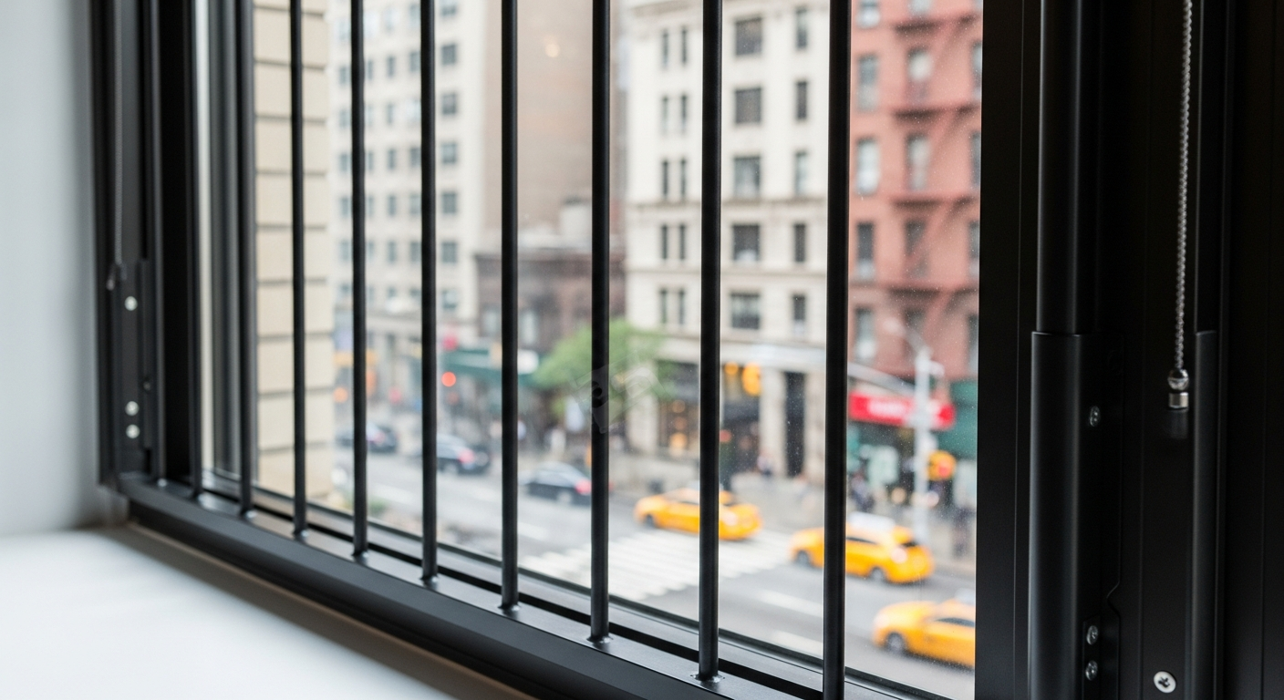 Black telescopic window security bars on NYC apartment