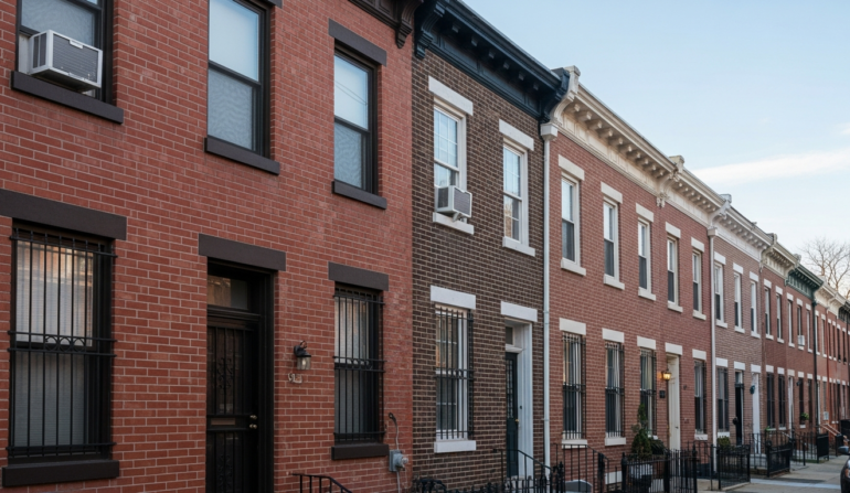 Window security bars on Philadelphia rowhouse brick buildings