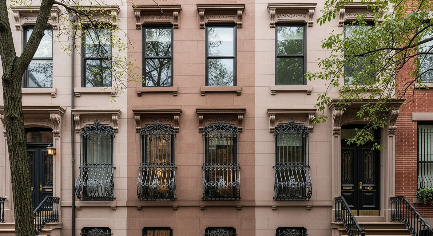 Decorative iron window bars on Philadelphia Victorian brownstone