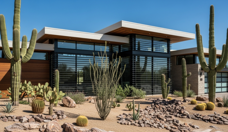 Window security bars on modern Phoenix desert home with saguaro cacti