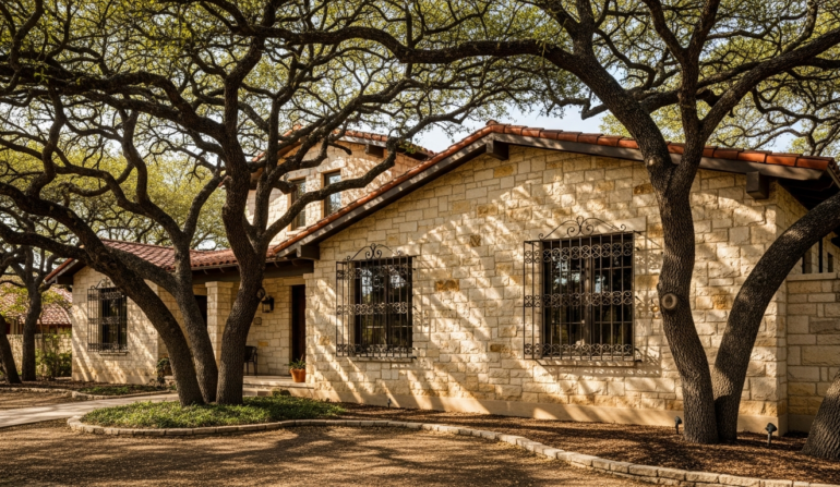Decorative wrought-iron window bars on San Antonio mission-style home