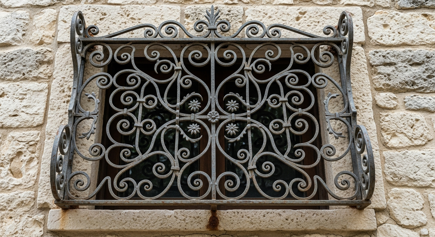 Ornamental window bars on San Antonio limestone wall