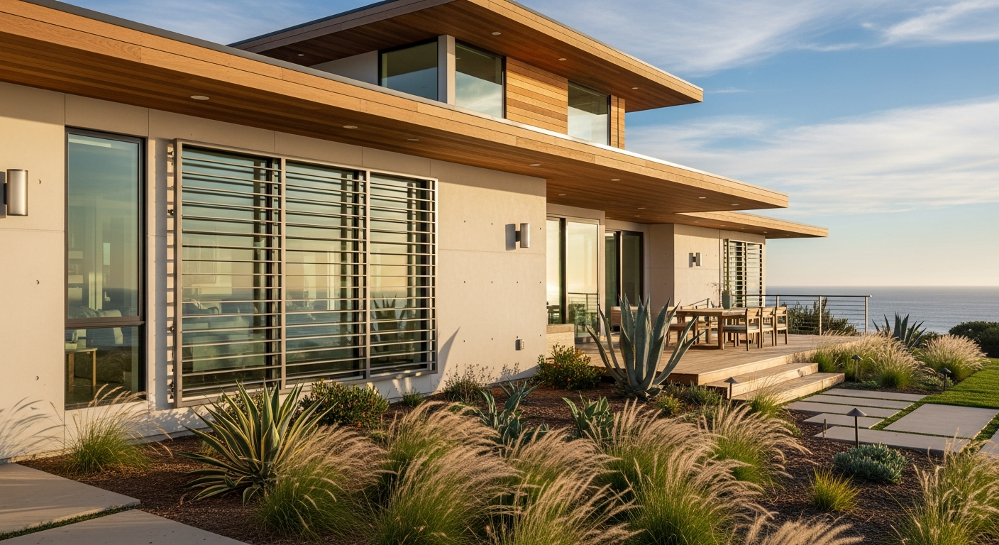 Slim window bars on modern San Diego coastal home
