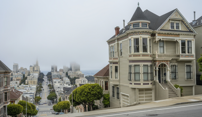 Ornate window security bars on San Francisco Victorian painted lady house