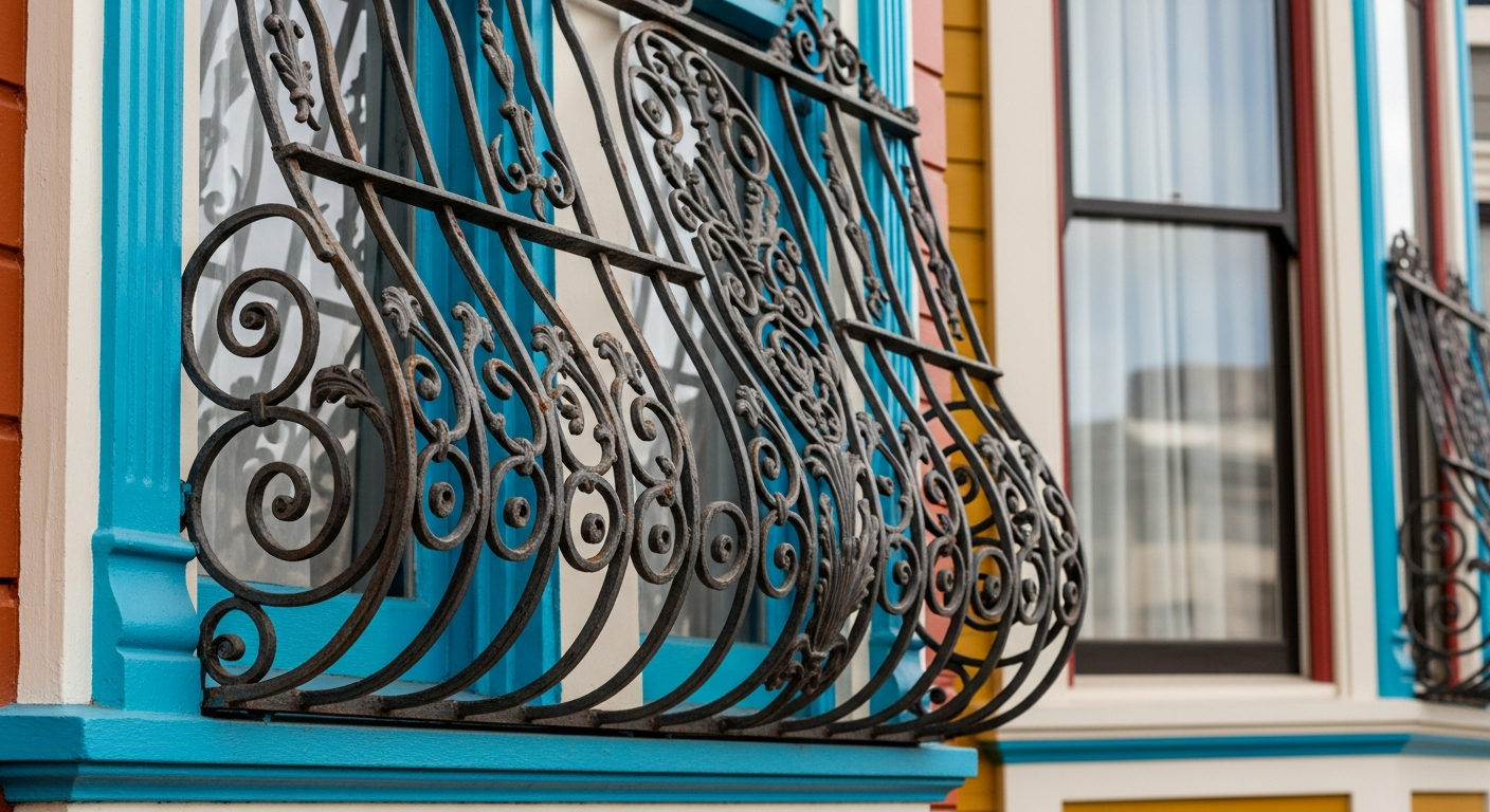 Decorative iron window bars on San Francisco Victorian exterior