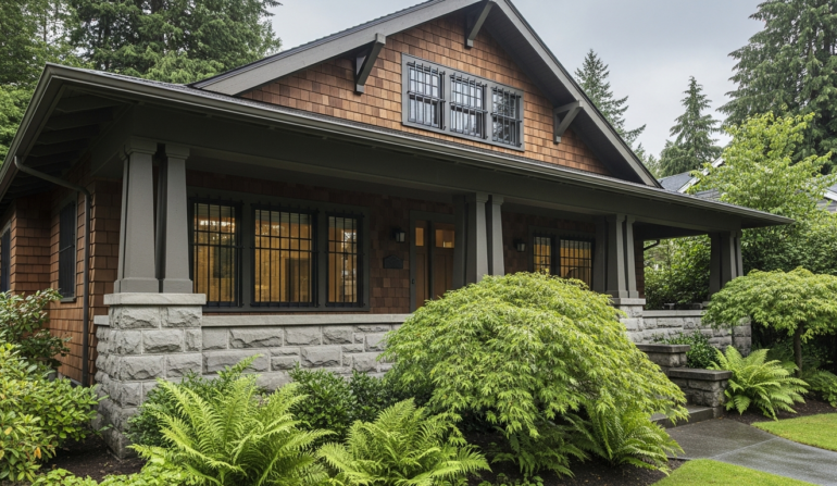 Window security bars on Seattle craftsman bungalow with Northwest landscaping