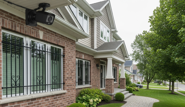 Home with both window security bars and surveillance camera showing layered security