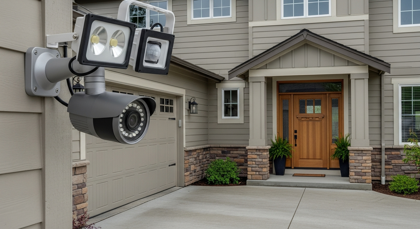 Security camera and floodlight on American home exterior