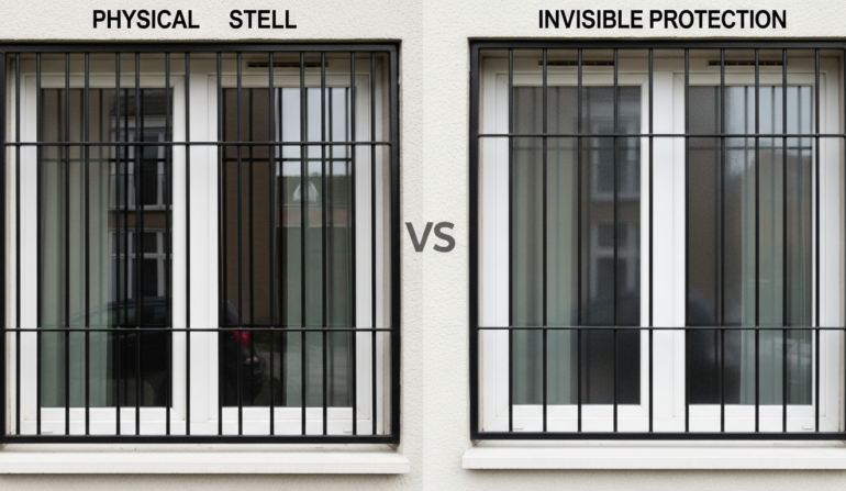 Two windows with bars: left labeled 'PHYSICAL STELL', right labeled 'INVISIBLE PROTECTION' with 'VS' between.