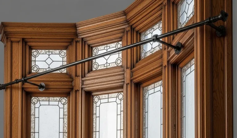 Wooden door with decorative stained-glass panels and a metal curtain rod mounted across it