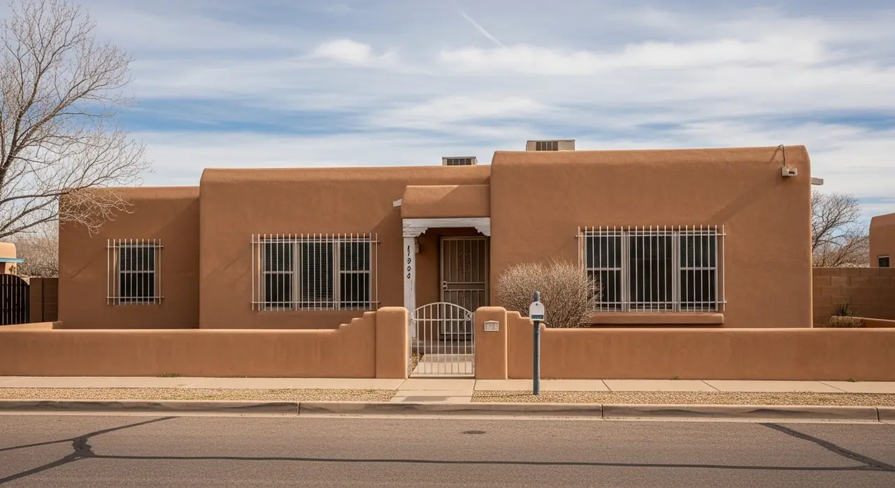 adobe pueblo house street view — residential setting