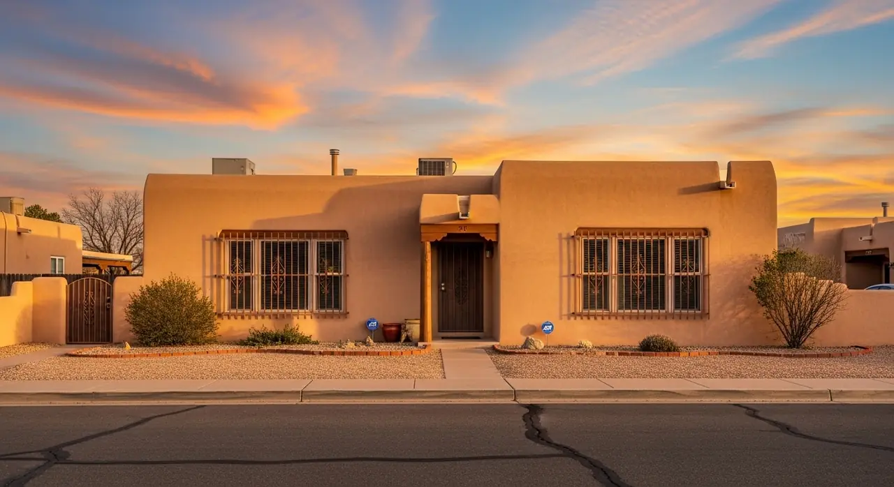 adobe pueblo house sunset street — residential setting