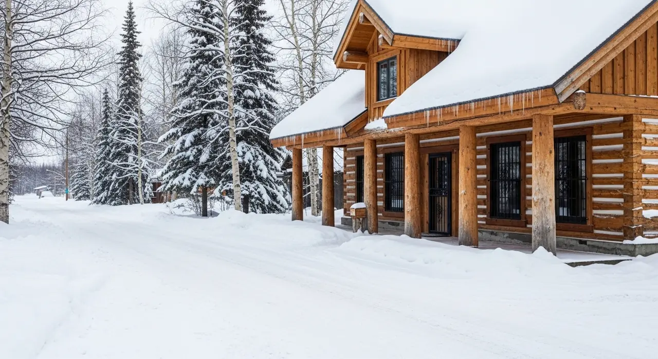 alaska timber frame winter — residential setting