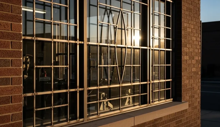 Bronze metal security grille over a large glass window on a brick building, sun reflecting off the bars.