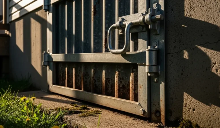 Close-up of a rusted metal gate latch on a concrete wall, with sunlight shadows across the scene.