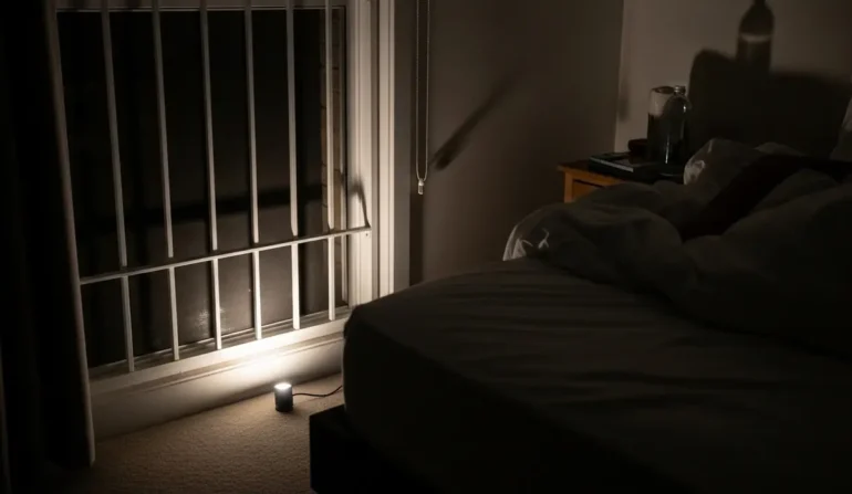 Dimly lit bedroom at night; a single candle on the floor near a barred window and an unmade bed.