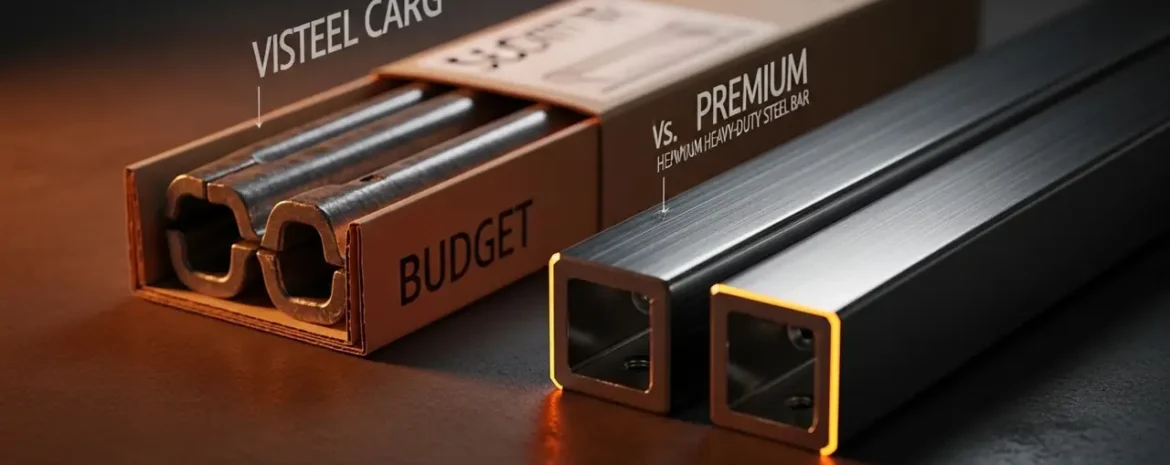 Two metal square tubes: a brown cardboard box labeled 'Budget' with hollow steel channels inside, next to two sleek black premium steel bars.