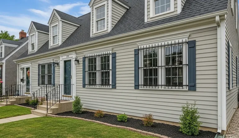 Beige clapboard townhouse with blue shutters, dormer windows, and black barred front windows; small lawn in front.