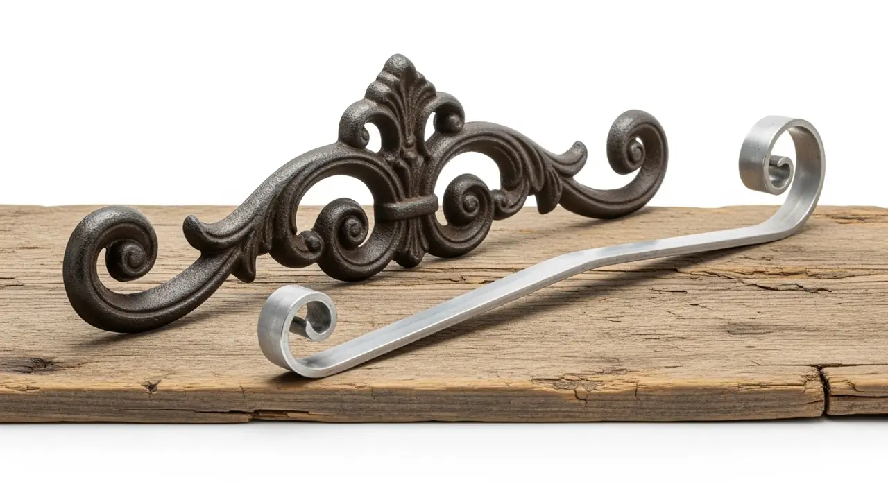 cast iron scroll element wood — material quality detail