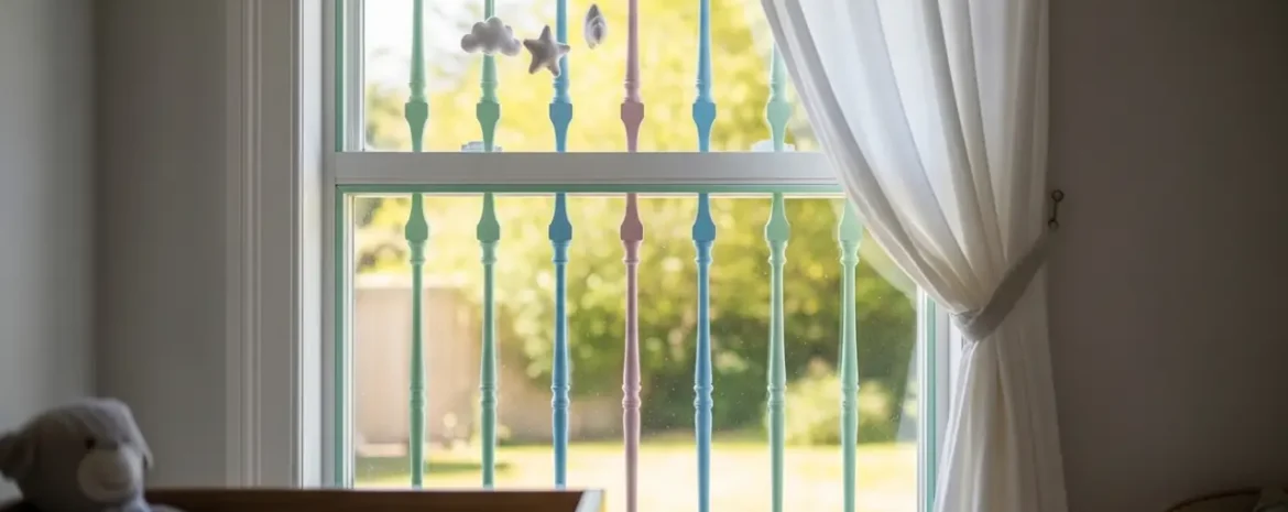 Nursery scene with pastel-colored crib rails seen through a sunlit window, sheer white curtains, and a teddy bear on the crib.