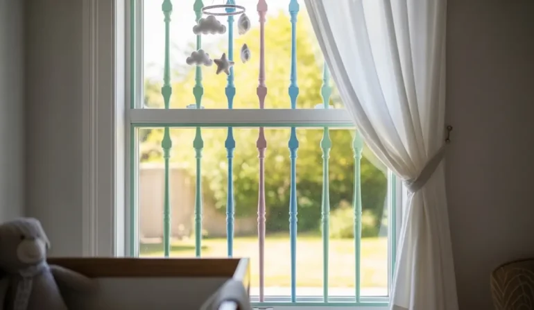 Nursery scene with pastel-colored crib rails seen through a sunlit window, sheer white curtains, and a teddy bear on the crib.