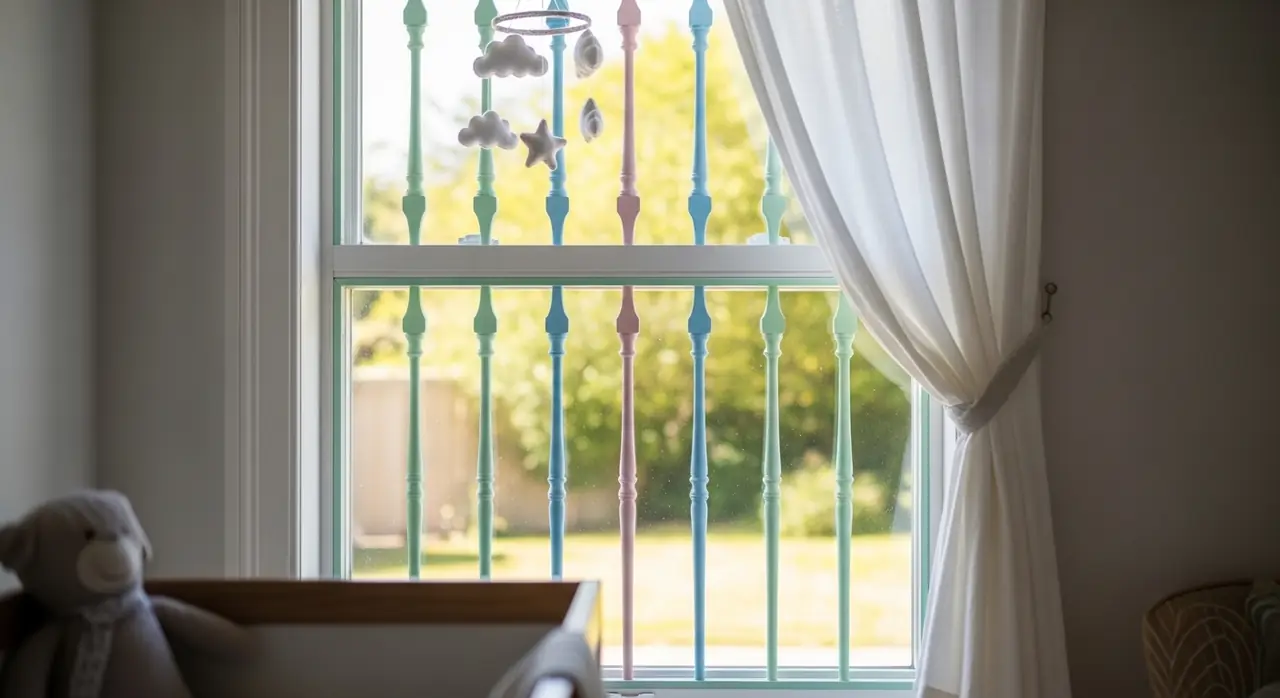 Nursery scene with pastel-colored crib rails seen through a sunlit window, sheer white curtains, and a teddy bear on the crib.
