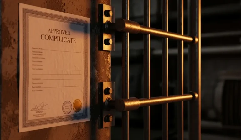 Certificate labeled 'APPROVED COMPLICATE' posted on a rusty vault door with metal bars.