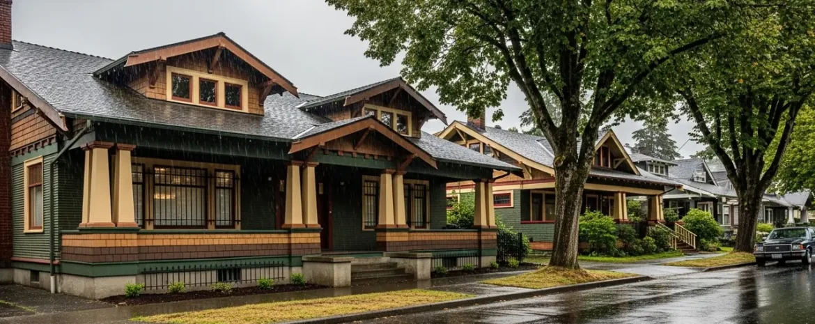 Row of craftsman-style houses on a wet street with large trees and a parked car in the rain.