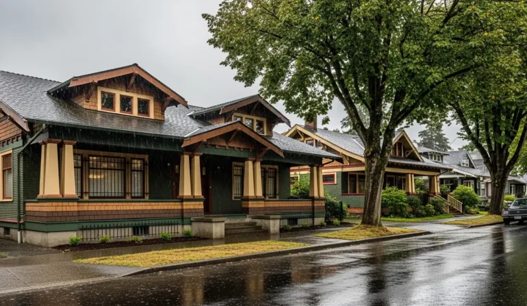 Row of craftsman-style houses on a wet street with large trees and a parked car in the rain.
