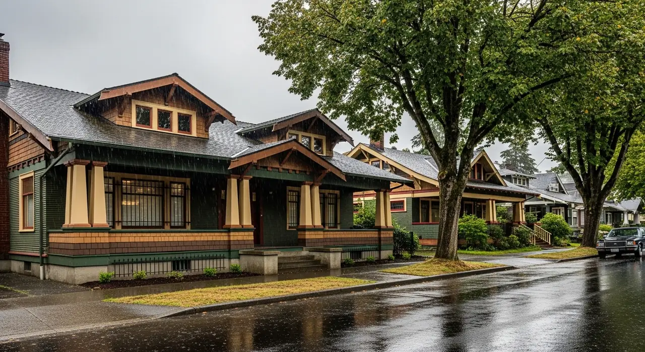 Row of craftsman-style houses on a wet street with large trees and a parked car in the rain.