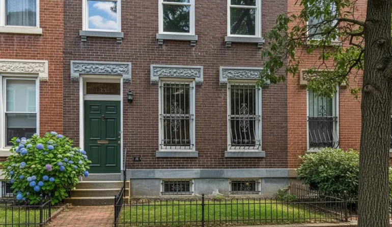 Brick townhouse with a green front door, iron-grilled windows, and a blue hydrangea bush by the steps.