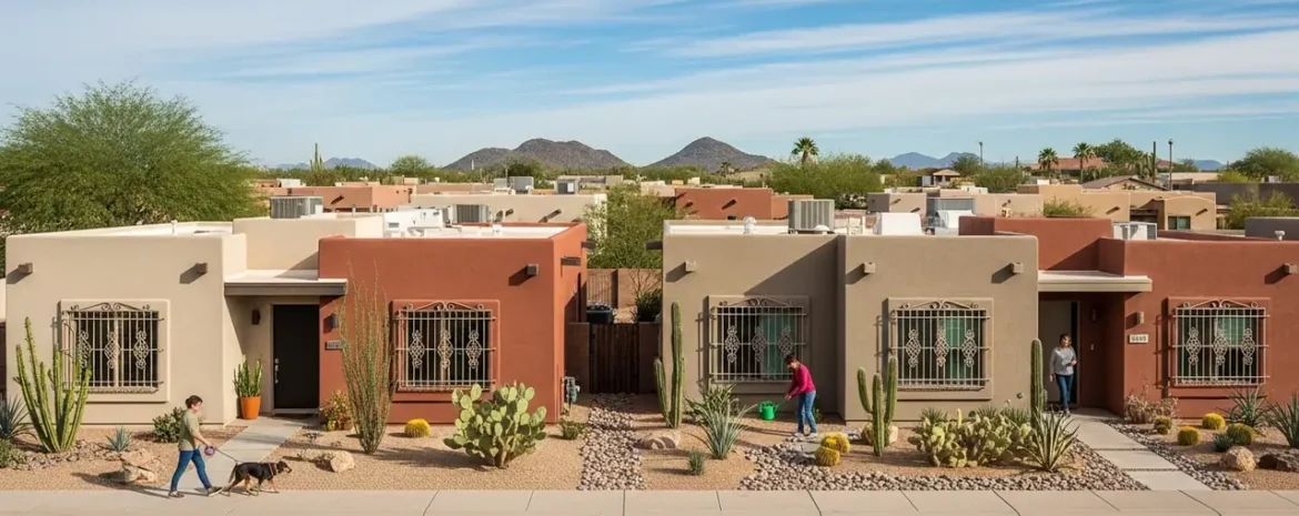 Desert-style neighborhood with adobe houses, cacti, and people tending plants along the front yards.