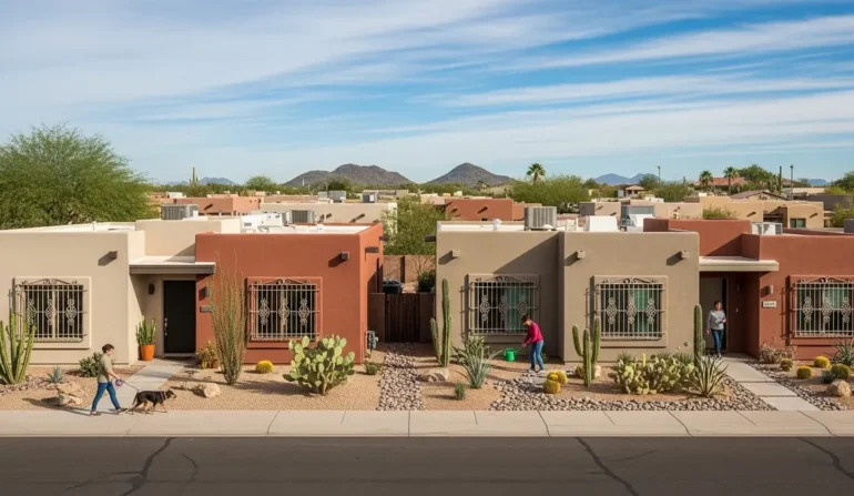 Desert-style neighborhood with adobe houses, cacti, and people tending plants along the front yards.