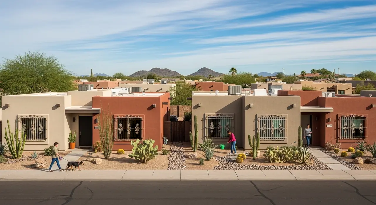 Desert-style neighborhood with adobe houses, cacti, and people tending plants along the front yards.