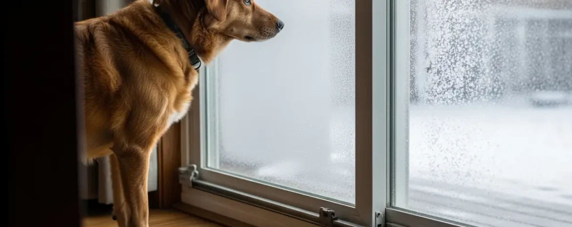 Brown dog with collar standing by a sliding glass door, gazing outside at falling snow.