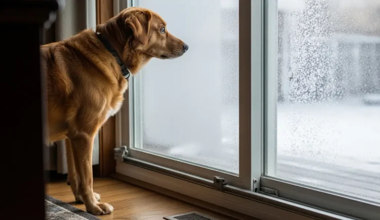 Brown dog with collar standing by a sliding glass door, gazing outside at falling snow.