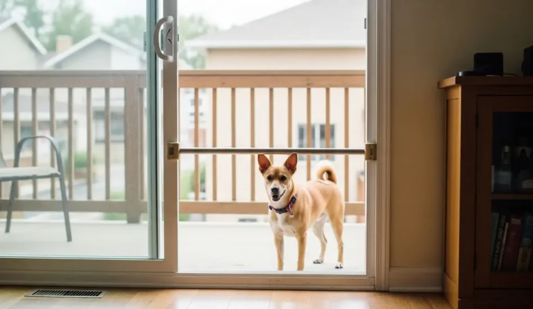 Dog stands on the sliding glass door threshold, looking inside with ears up and a wagging tail.