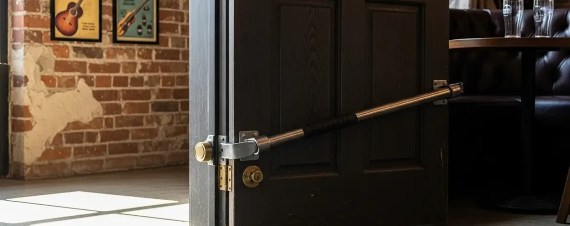 Dark wooden door latched closed with a steel security bar across the middle, in a brick-walled room with guitar posters on the wall.